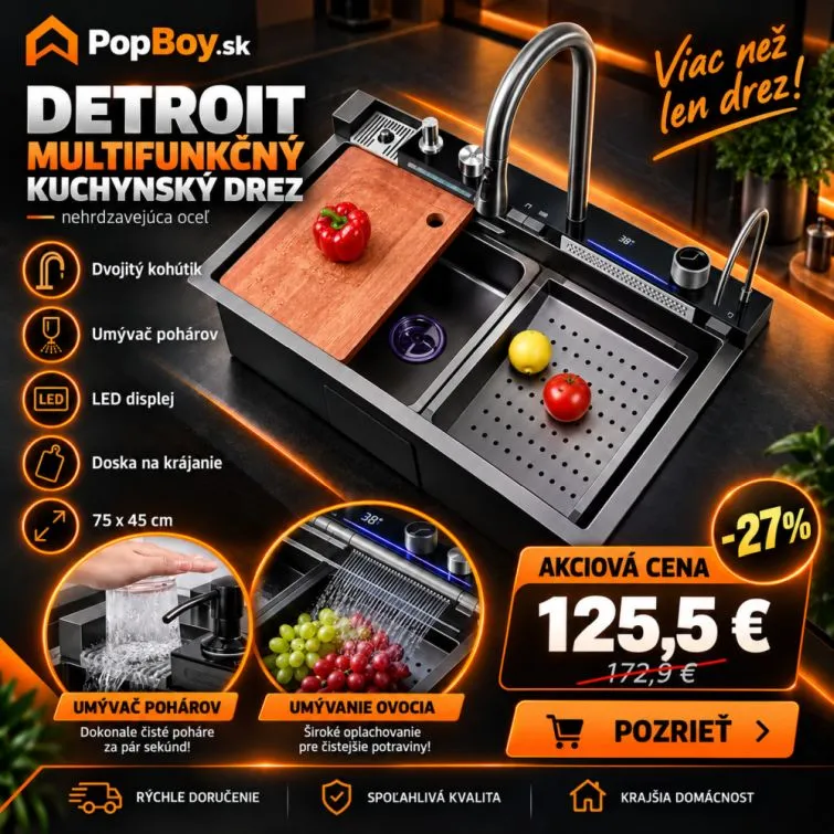 Elegantný multifunkčný kuchynský drez Detroit z nehrdzavejúcej ocele s dvojitým kohútikom, umývačkou pohárou, LED displejom a doskou na krájanie - 75 cm x 45 cm