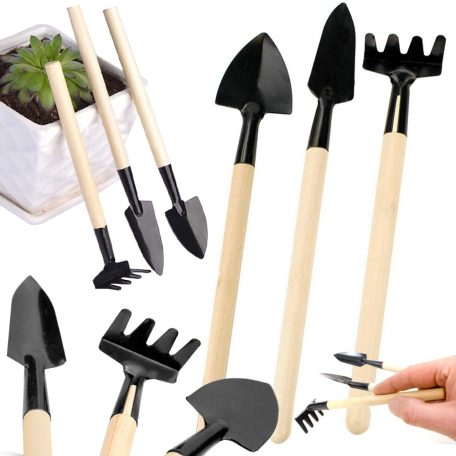 Mini súprava náradia 3 v 1 (17 cm - 21 cm) pre rastliny v kvetináčoch (rýľ, lopata, hrable)