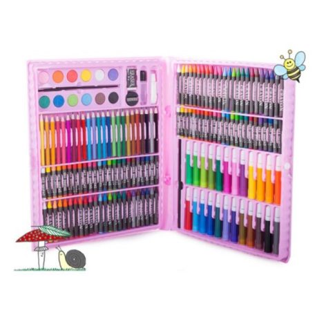 168-dielna sada na kreslenie a maľovanie pre deti v praktickom puzdre - ružová