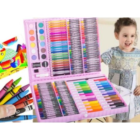 168-dielna sada na kreslenie a maľovanie pre deti v praktickom puzdre - ružová