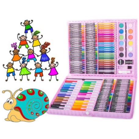 168-dielna sada na kreslenie a maľovanie pre deti v praktickom puzdre - ružová