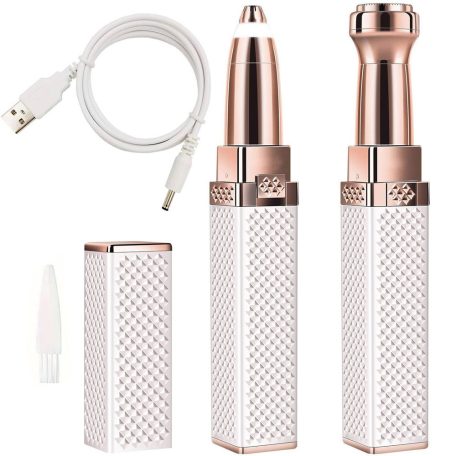 Dobíjací depilátor obočia, dámsky holiaci strojček s 2 vymeniteľnými hlavami, USB nabíjanie – biely