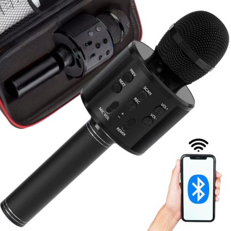 Bezdrôtový karaoke mikrofón s reproduktorom v čiernej farbe v praktickom držiaku