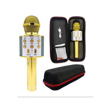 Bezdrôtový karaoke mikrofón s reproduktorom v čiernej farbe v praktickom držiaku