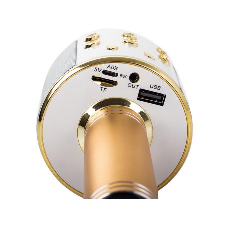 Bezdrôtový karaoke mikrofón s reproduktorom v čiernej farbe v praktickom držiaku