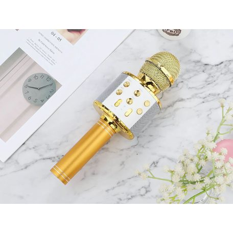 Bezdrôtový karaoke mikrofón s reproduktorom v čiernej farbe v praktickom držiaku