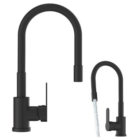Čierna páková kuchynská batéria s flexibilným výtokovým ramenom