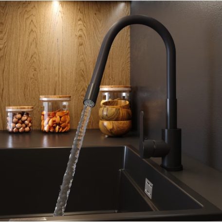 Čierna páková kuchynská batéria s flexibilným výtokovým ramenom