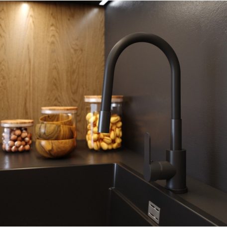 Čierna páková kuchynská batéria s flexibilným výtokovým ramenom