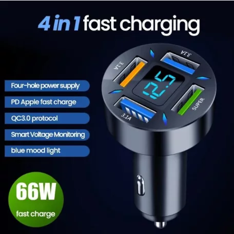 Nabíjačka do auta so 4 USB (3 x USB 3.1A + 1 x 66 W) s technológiou USB Quick Charge 3.0 a zobrazením napätia batérie