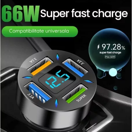 Nabíjačka do auta so 4 USB (3 x USB 3.1A + 1 x 66 W) s technológiou USB Quick Charge 3.0 a zobrazením napätia batérie