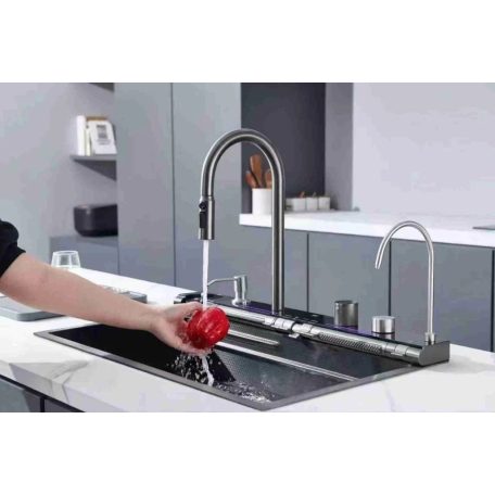 Elegantný nerezový multifunkčný kuchynský drez s dvojitou batériou, umývačka skla, LED displej, doska na krájanie