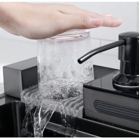 Elegantný multifunkčný kuchynský drez Boston z nehrdzavejúcej ocele s dvojitým kohútikom, umývačkou pohárou, LED displejom a doskou na krájanie - 76 cm x 45 cm