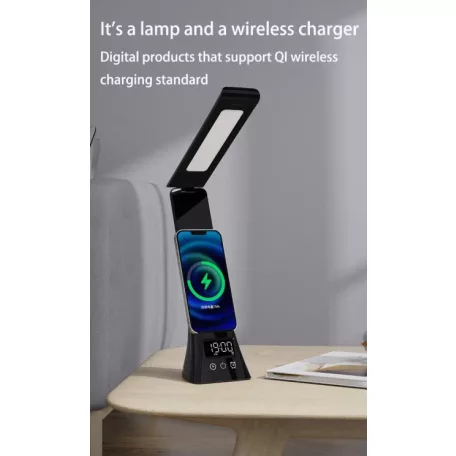 Stolná lampa, nabíjačka telefónu a hodiny  3 v 1 - 15 W