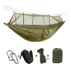   Hojdacia sieť s moskytiérou v zelenej farbe v praktickom držiaku 260 cm x 140 cm s príslušenstvom