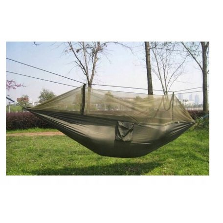 Hojdacia sieť s moskytiérou v zelenej farbe v praktickom držiaku 260 cm x 140 cm s príslušenstvom