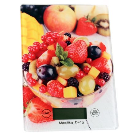 Digitálna kuchynská váha s LCD displejom a povrchom z tvrdeného skla - do 5 kg - ovocný vzor