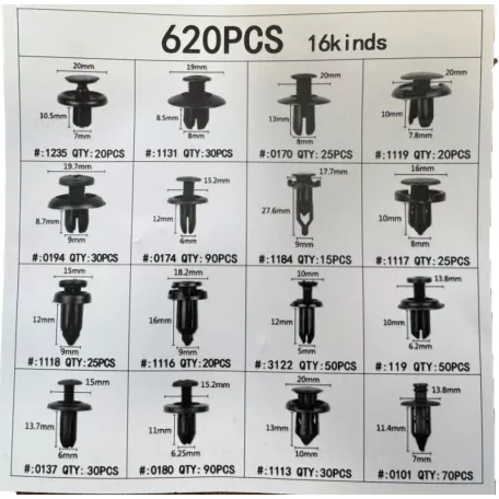 620-dielna sada autosvoriek, plastová, univerzálna, 16 rôznych modelov, čierna farba