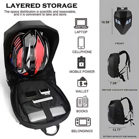 Čierny batoh s LED očami, ktoré je možné nastaviť pomocou telefónu